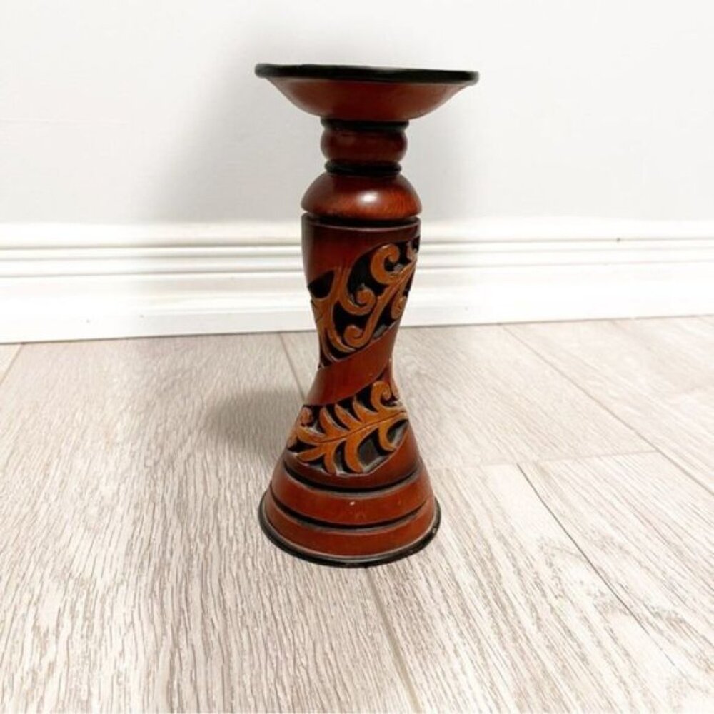 Vintage Wooden Hand Carved Floral Design Candle Holder